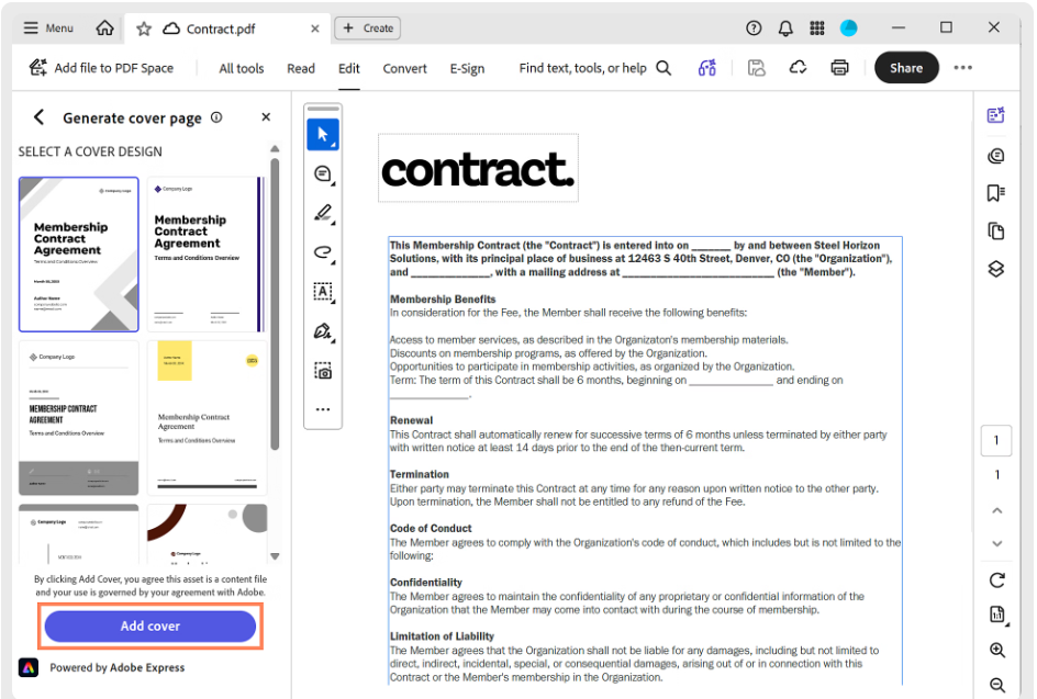 Adobe Acrobat On-brand Generate Cover Page